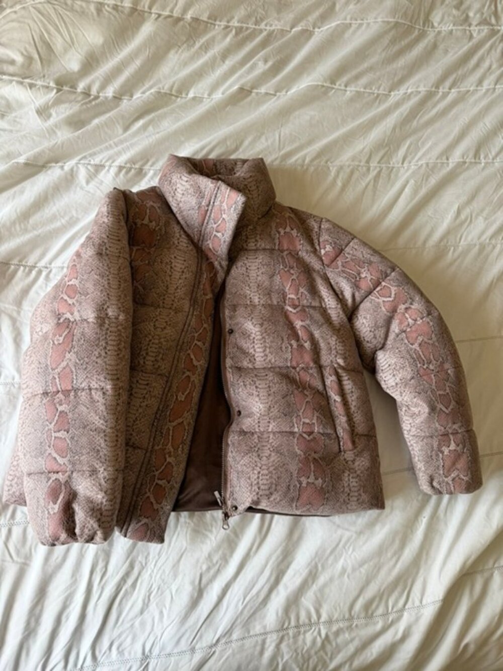 Unreal Fur Pink Python Snake Print Puffer Jacket Size L